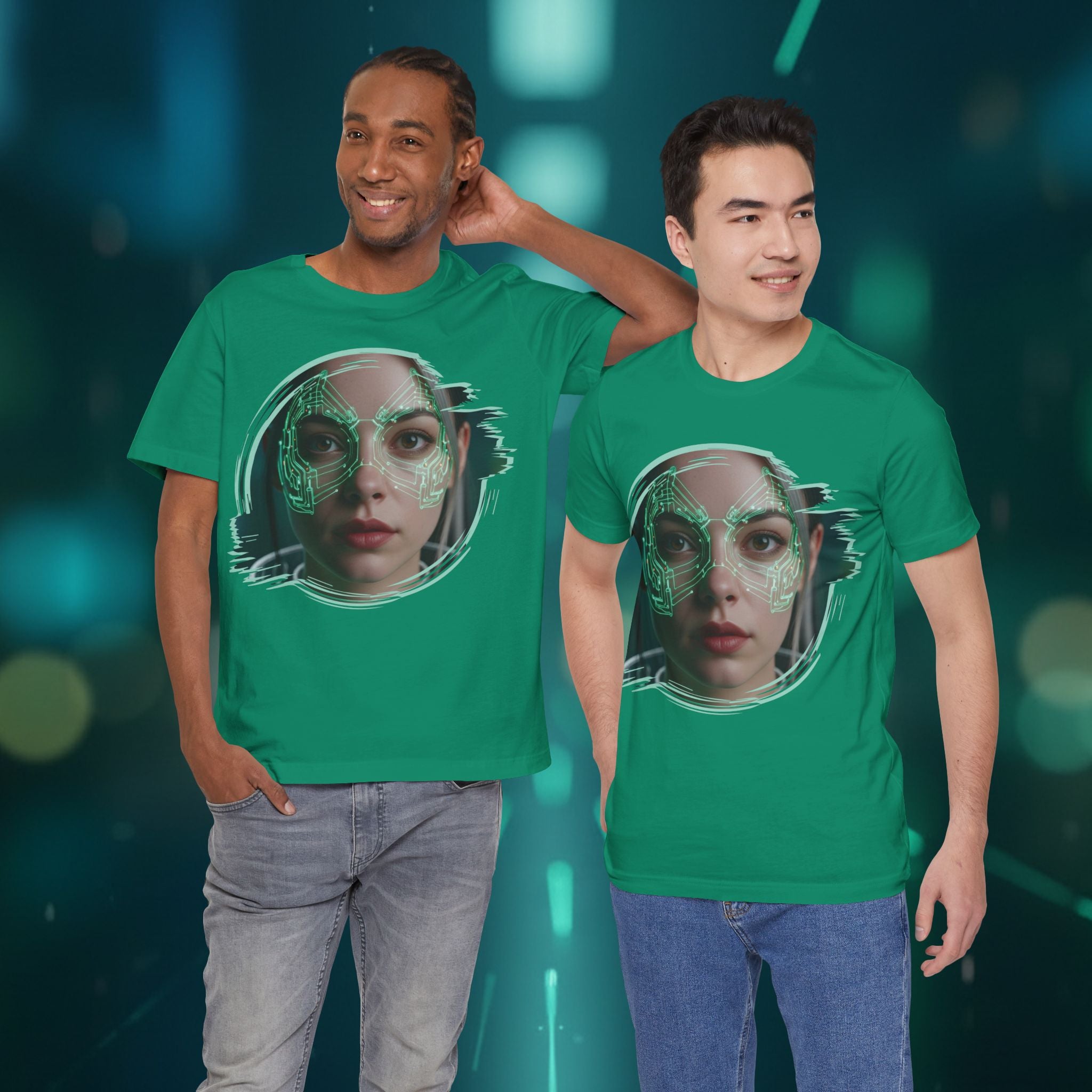 Cybernetic Portrait Tee — Futuristic Neon Circuit Face Graphic Shirt - Green Cyborg Woman