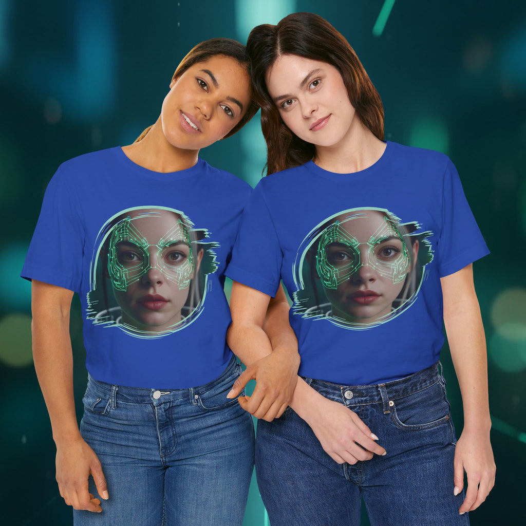Cybernetic Portrait Tee — Futuristic Neon Circuit Face Graphic Shirt - Green Cyborg Woman
