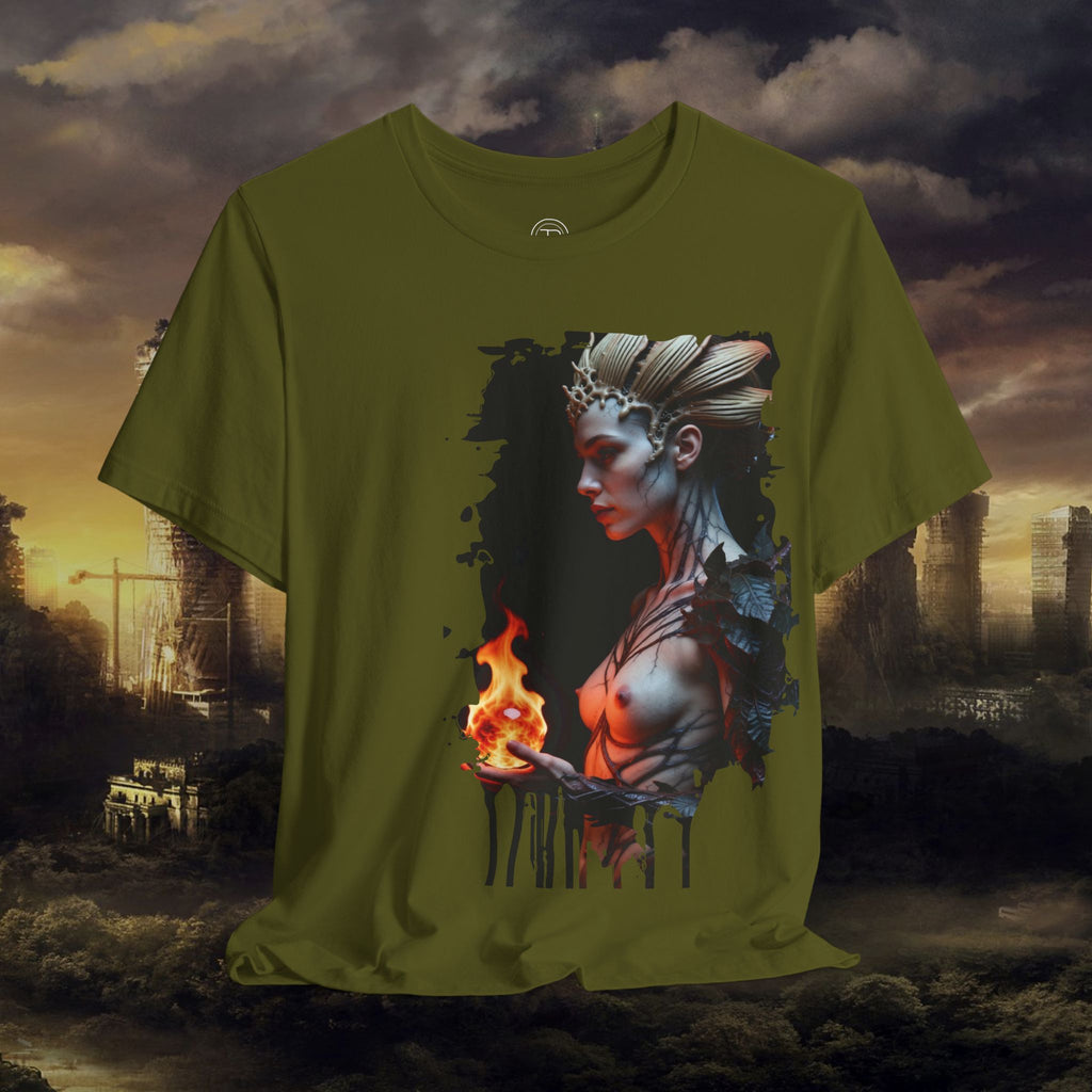 Mythic Fire Goddess T‑Shirt — Fantasy Portrait Tee with Flaming Orb - Alexia Ashford Side Face