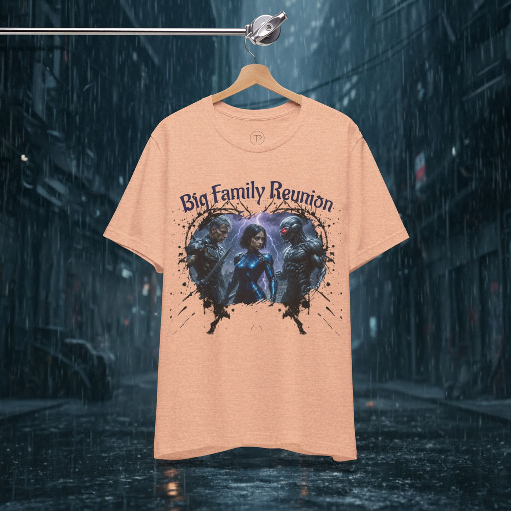T-Shirt — "Big Family Reunion" Sci‑Fi Character Heart Graphic Tee - Battle Suits