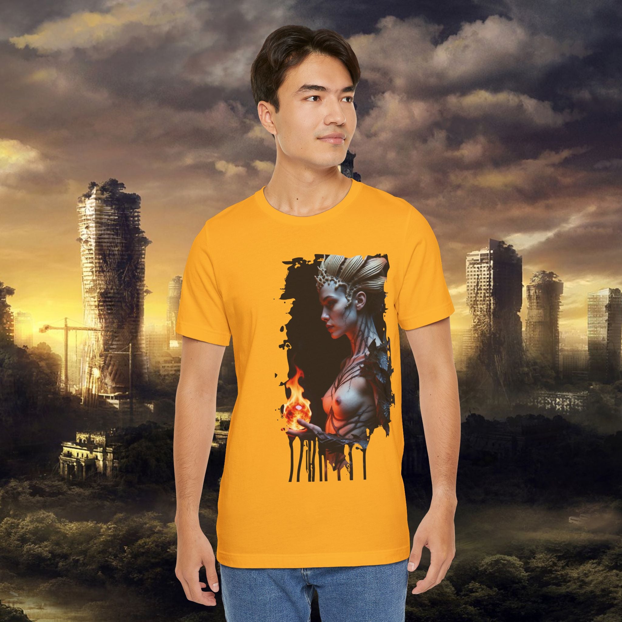 Mythic Fire Goddess T‑Shirt — Fantasy Portrait Tee with Flaming Orb - Alexia Ashford Side Face