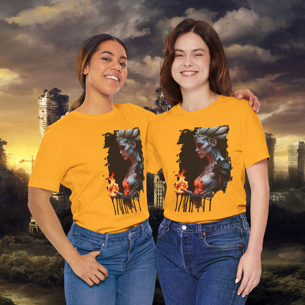 Mythic Fire Goddess T‑Shirt — Fantasy Portrait Tee with Flaming Orb - Alexia Ashford Side Face
