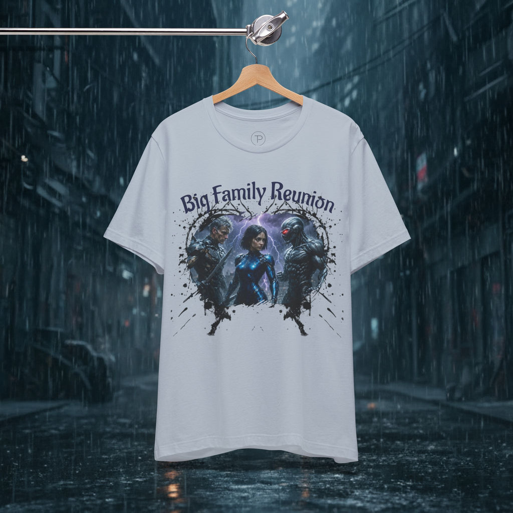 T-Shirt — "Big Family Reunion" Sci‑Fi Character Heart Graphic Tee - Battle Suits