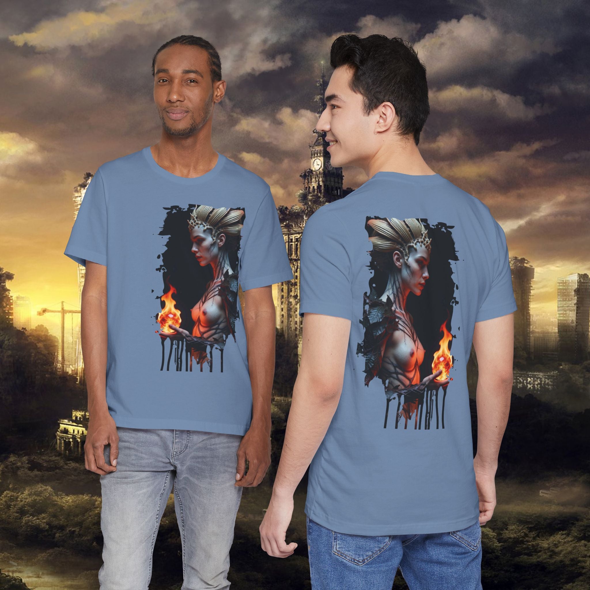 Mythic Fire Goddess T‑Shirt — Fantasy Portrait Tee with Flaming Orb - Alexia Ashford Side Face