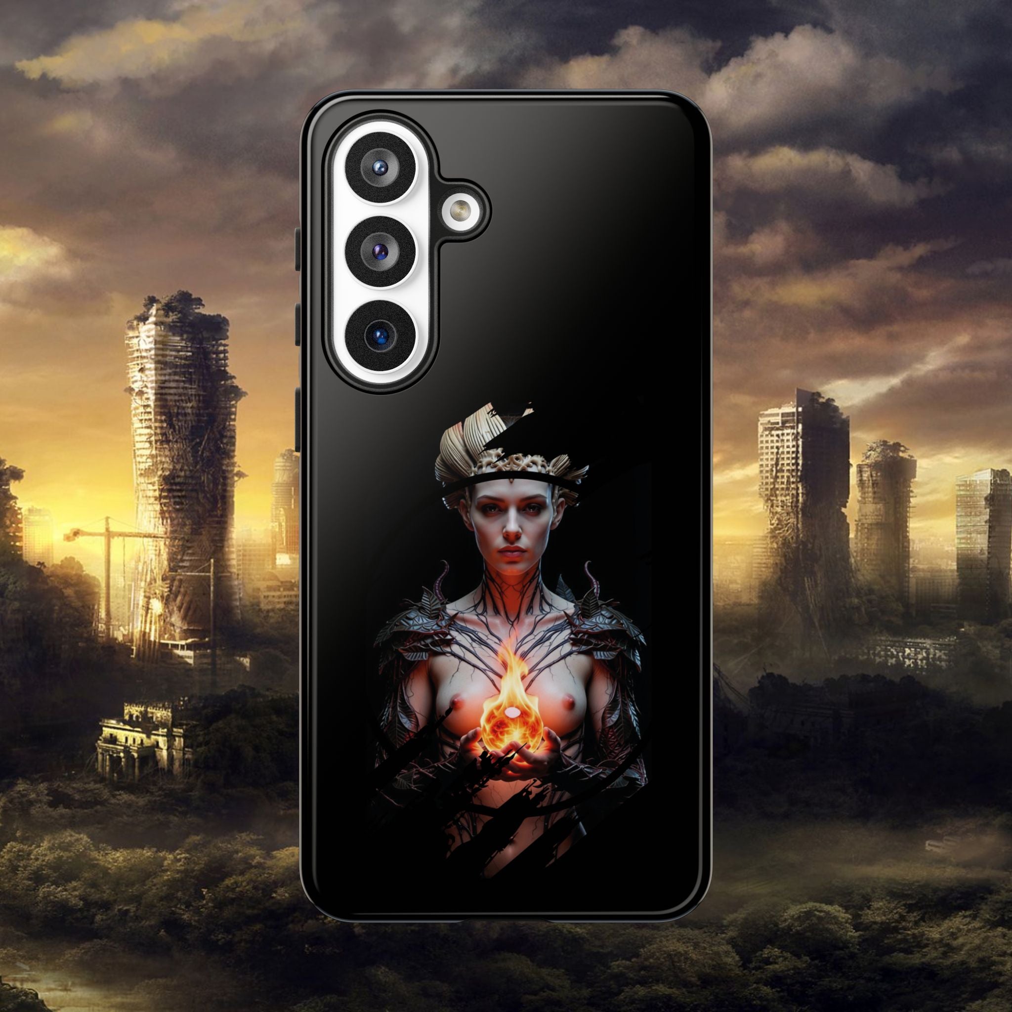Fantasy Sorceress Phone Case — Dark Magic Mage with Fiery Orb Tough Case - Alexia Ashford