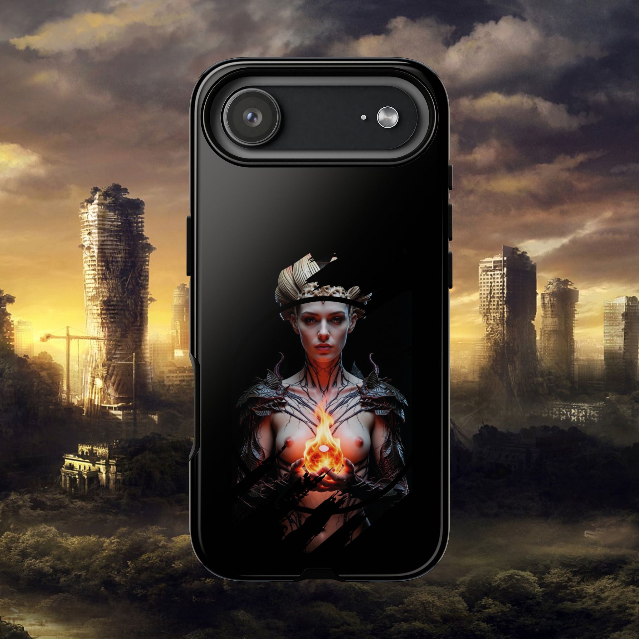 Fantasy Sorceress Phone Case — Dark Magic Mage with Fiery Orb Tough Case - Alexia Ashford