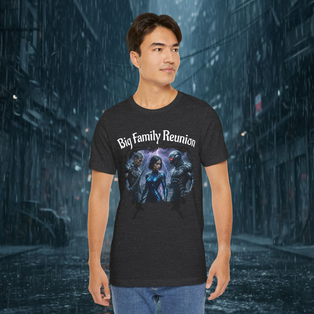 T-Shirt — "Big Family Reunion" Sci‑Fi Character Heart Graphic Tee - Battle Suits