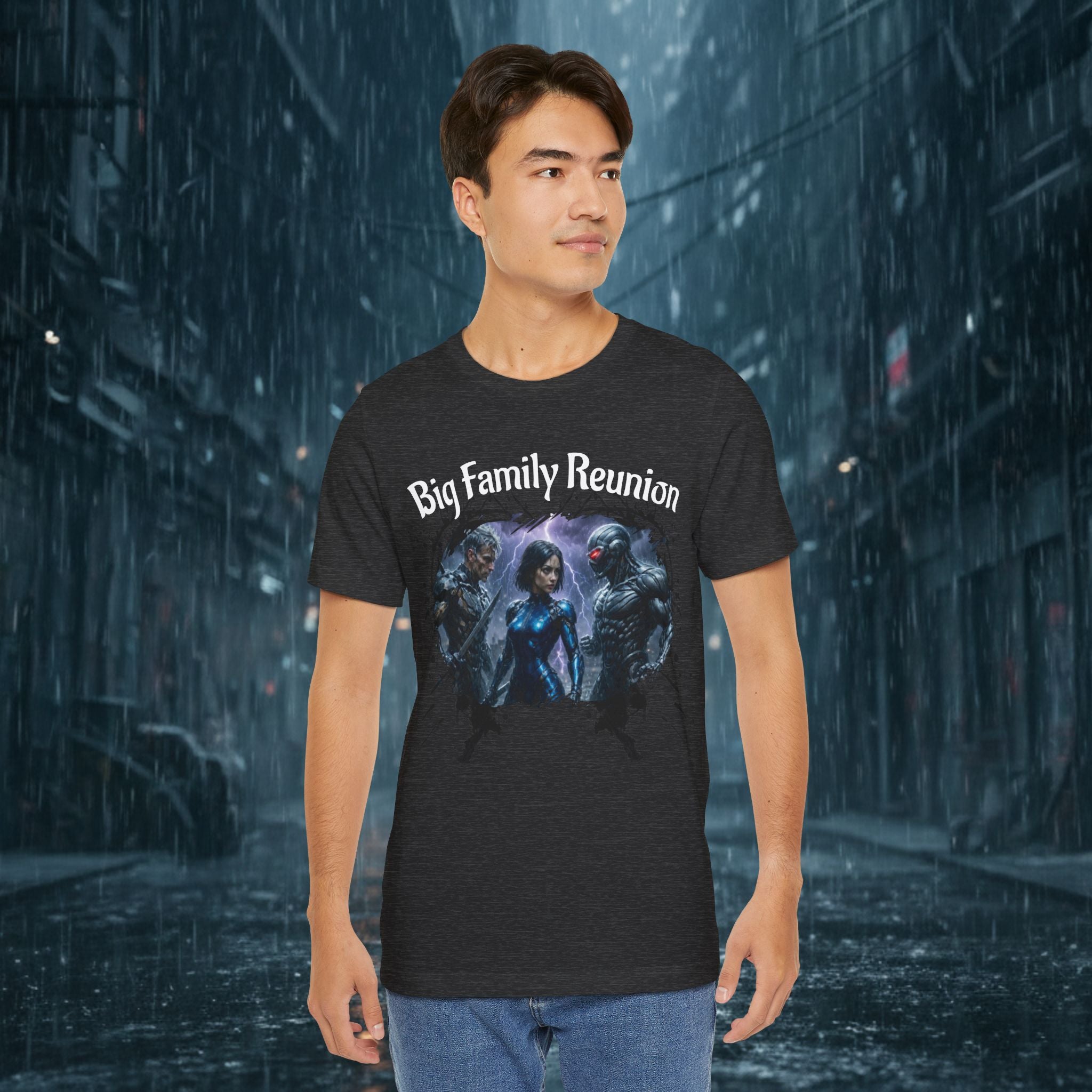 T-Shirt — "Big Family Reunion" Sci‑Fi Character Heart Graphic Tee - Battle Suits