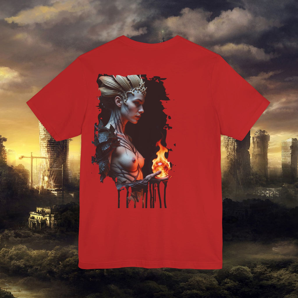 Mythic Fire Goddess T‑Shirt — Fantasy Portrait Tee with Flaming Orb - Alexia Ashford Side Face