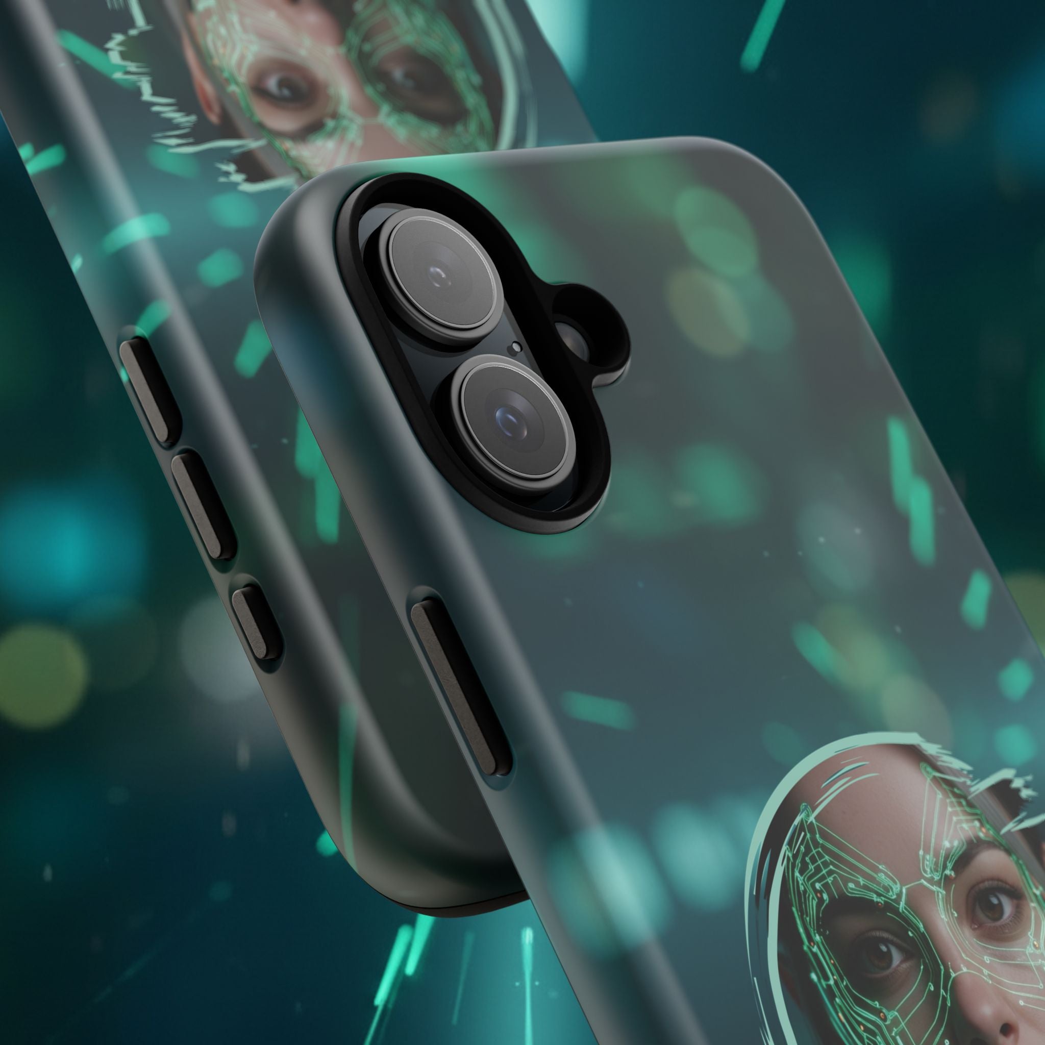 Cyberpunk Portrait Phone Case — Futuristic Neon Tech Face Design Tough Case - Green Cyborg Woman