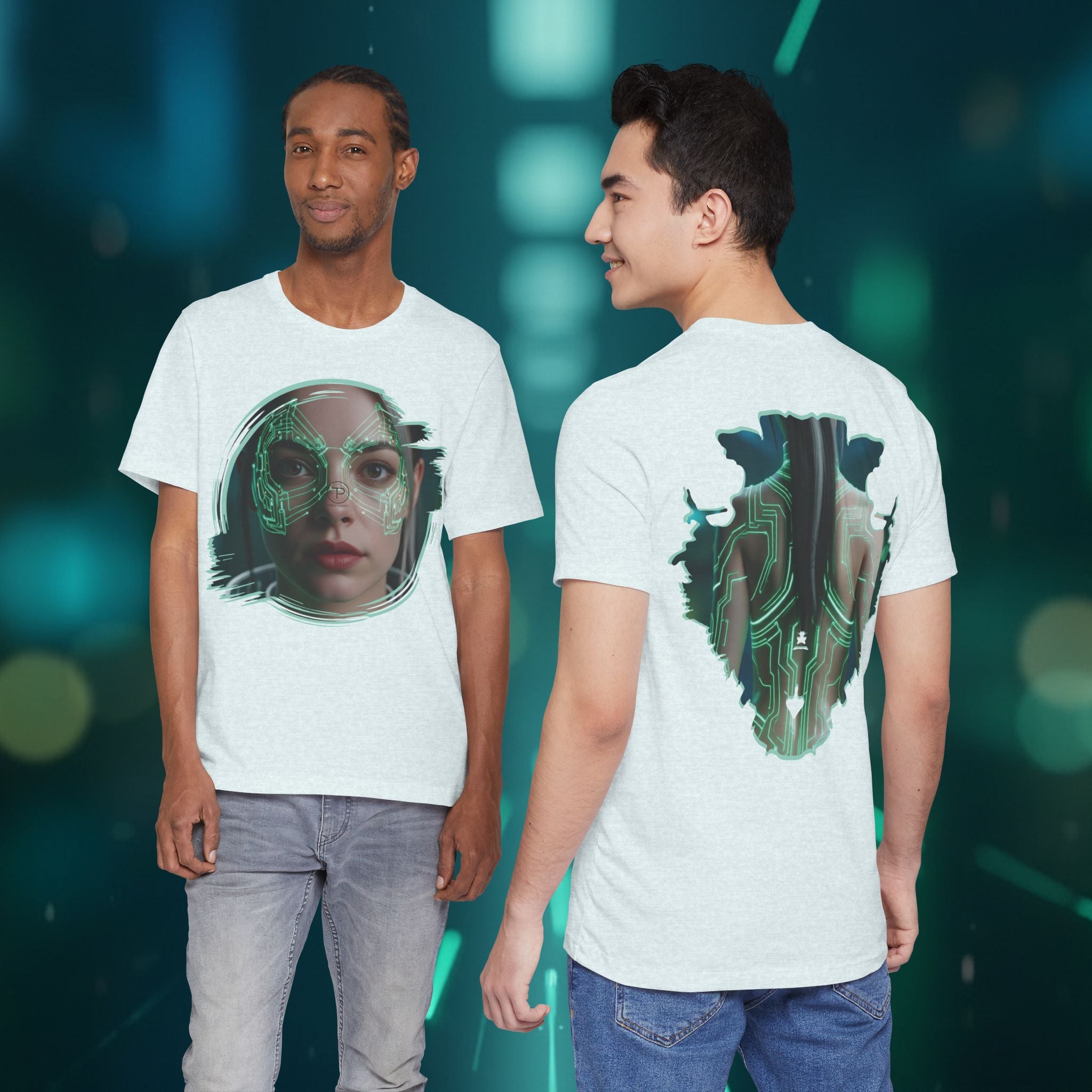Cybernetic Portrait Tee — Futuristic Neon Circuit Face Graphic Shirt - Green Cyborg Woman