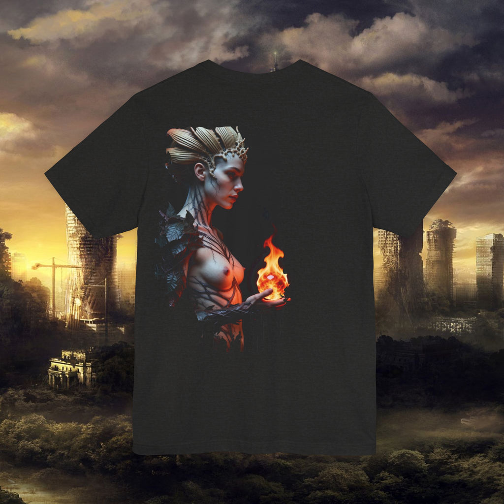 Mythic Fire Goddess T‑Shirt — Fantasy Portrait Tee with Flaming Orb - Alexia Ashford Side Face