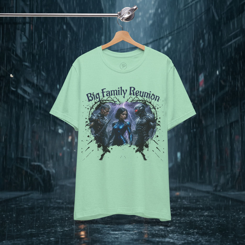 T-Shirt — "Big Family Reunion" Sci‑Fi Character Heart Graphic Tee - Battle Suits