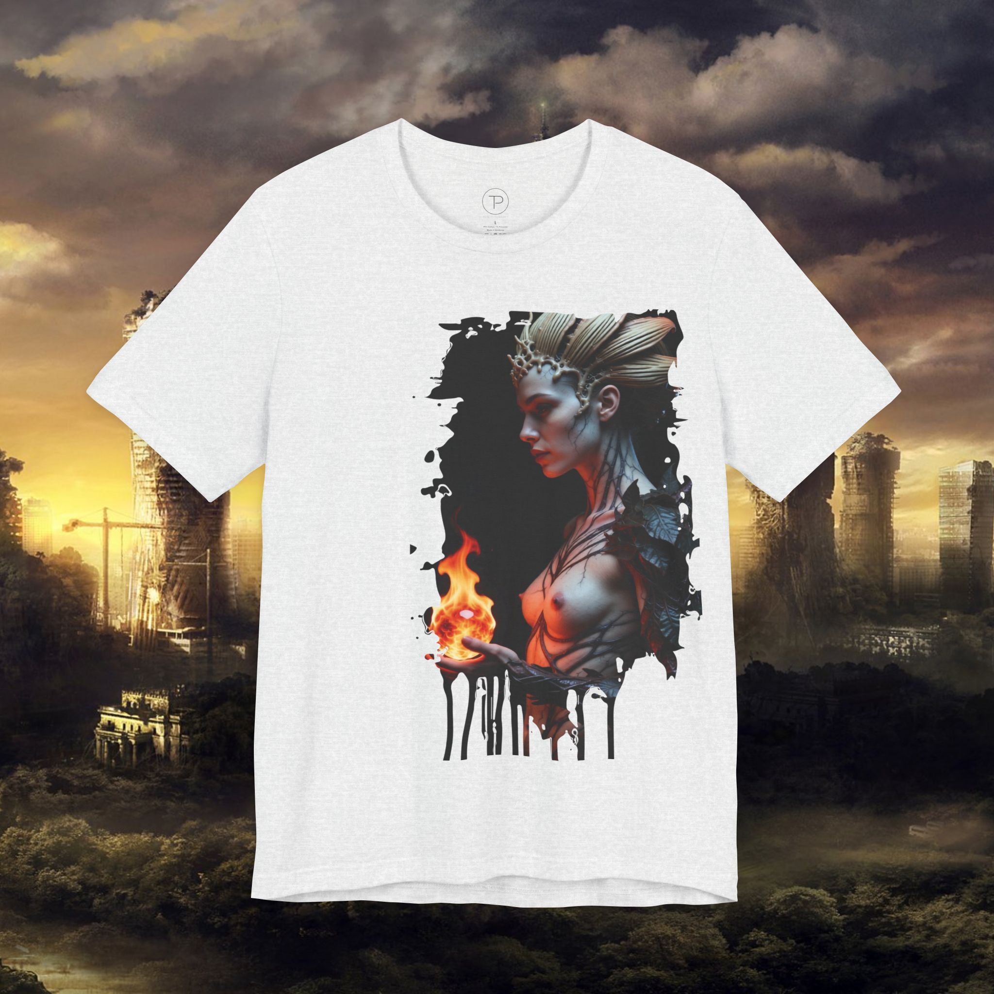 Mythic Fire Goddess T‑Shirt — Fantasy Portrait Tee with Flaming Orb - Alexia Ashford Side Face