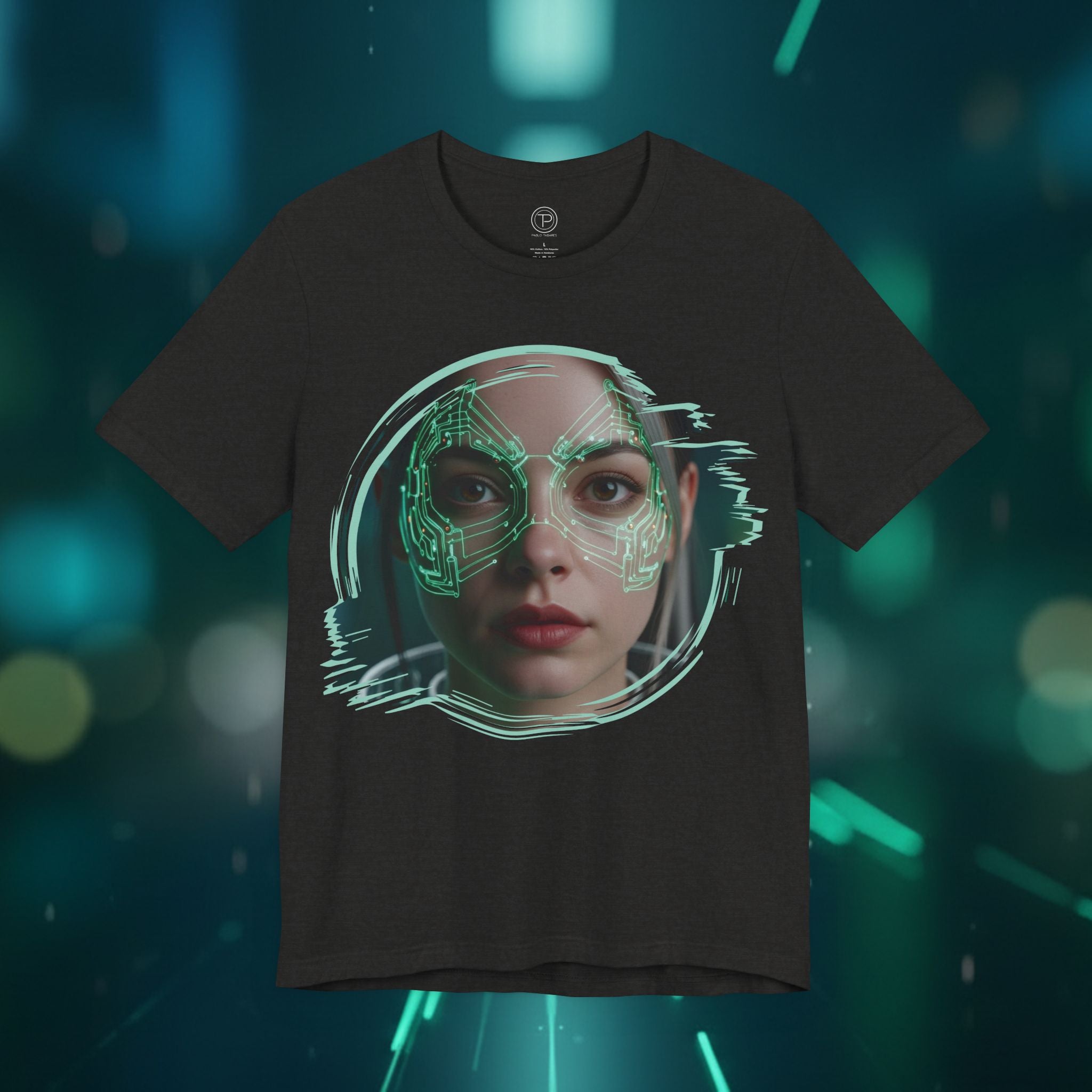 Cybernetic Portrait Tee — Futuristic Neon Circuit Face Graphic Shirt - Green Cyborg Woman