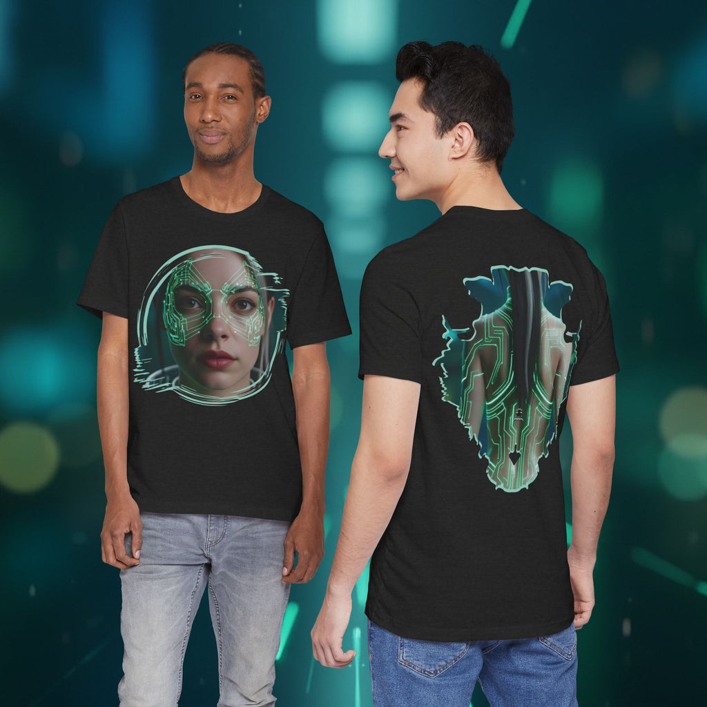 Cybernetic Portrait Tee — Futuristic Neon Circuit Face Graphic Shirt - Green Cyborg Woman
