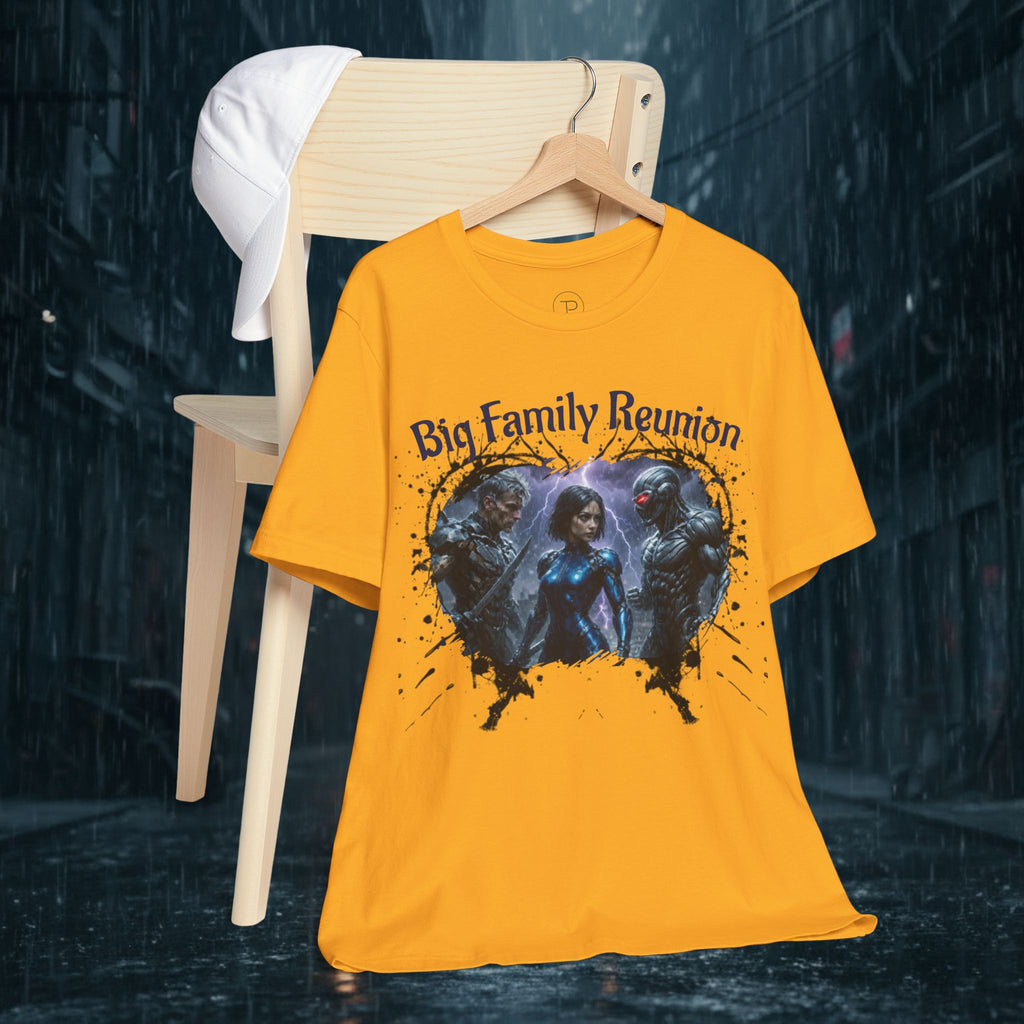 T-Shirt — "Big Family Reunion" Sci‑Fi Character Heart Graphic Tee - Battle Suits