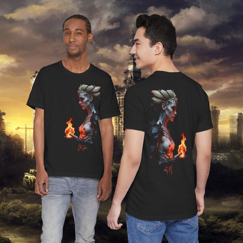 Mythic Fire Goddess T‑Shirt — Fantasy Portrait Tee with Flaming Orb - Alexia Ashford Side Face