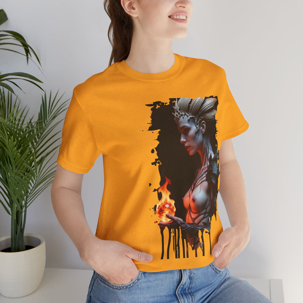 Mythic Fire Goddess T‑Shirt — Fantasy Portrait Tee with Flaming Orb - Alexia Ashford Side Face
