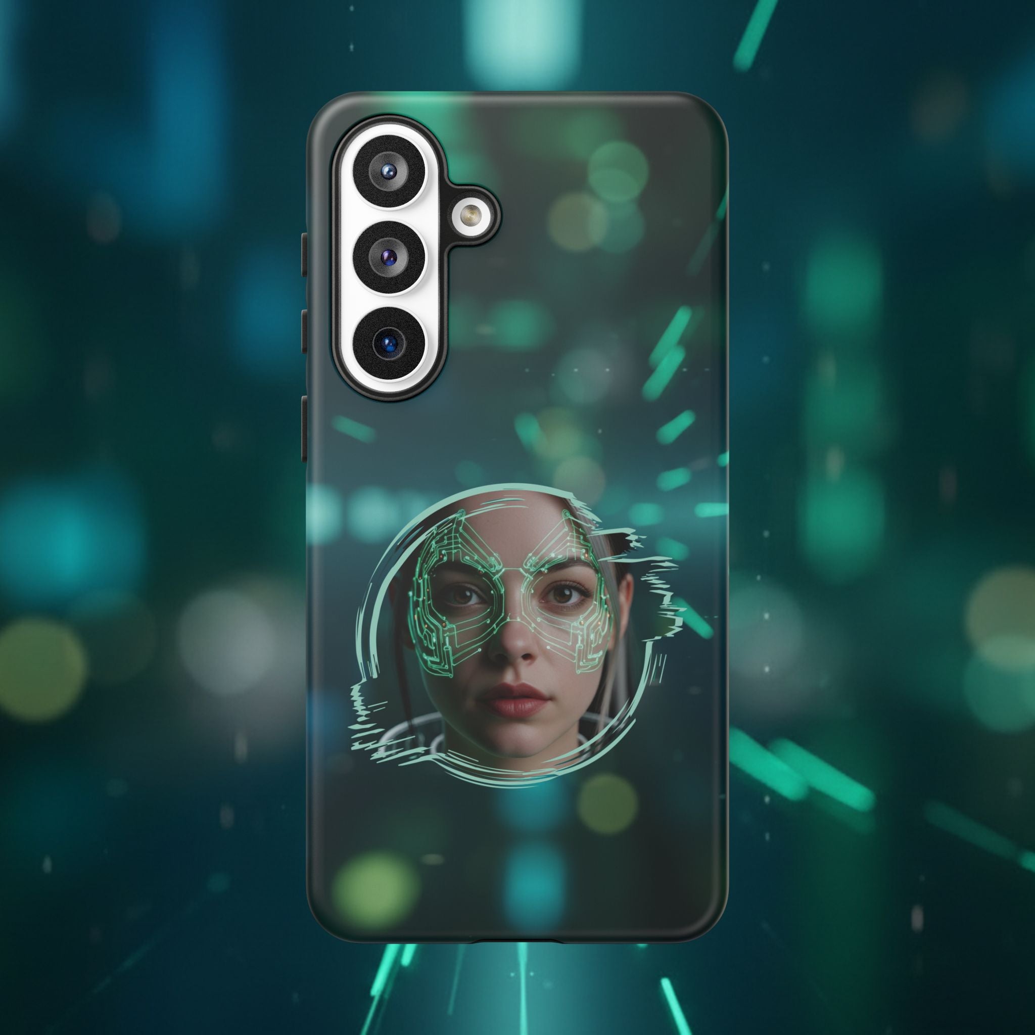 Cyberpunk Portrait Phone Case — Futuristic Neon Tech Face Design Tough Case - Green Cyborg Woman