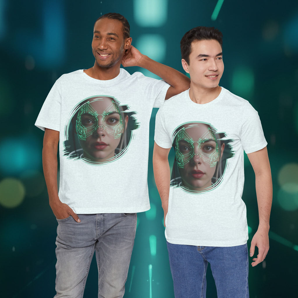 Cybernetic Portrait Tee — Futuristic Neon Circuit Face Graphic Shirt - Green Cyborg Woman