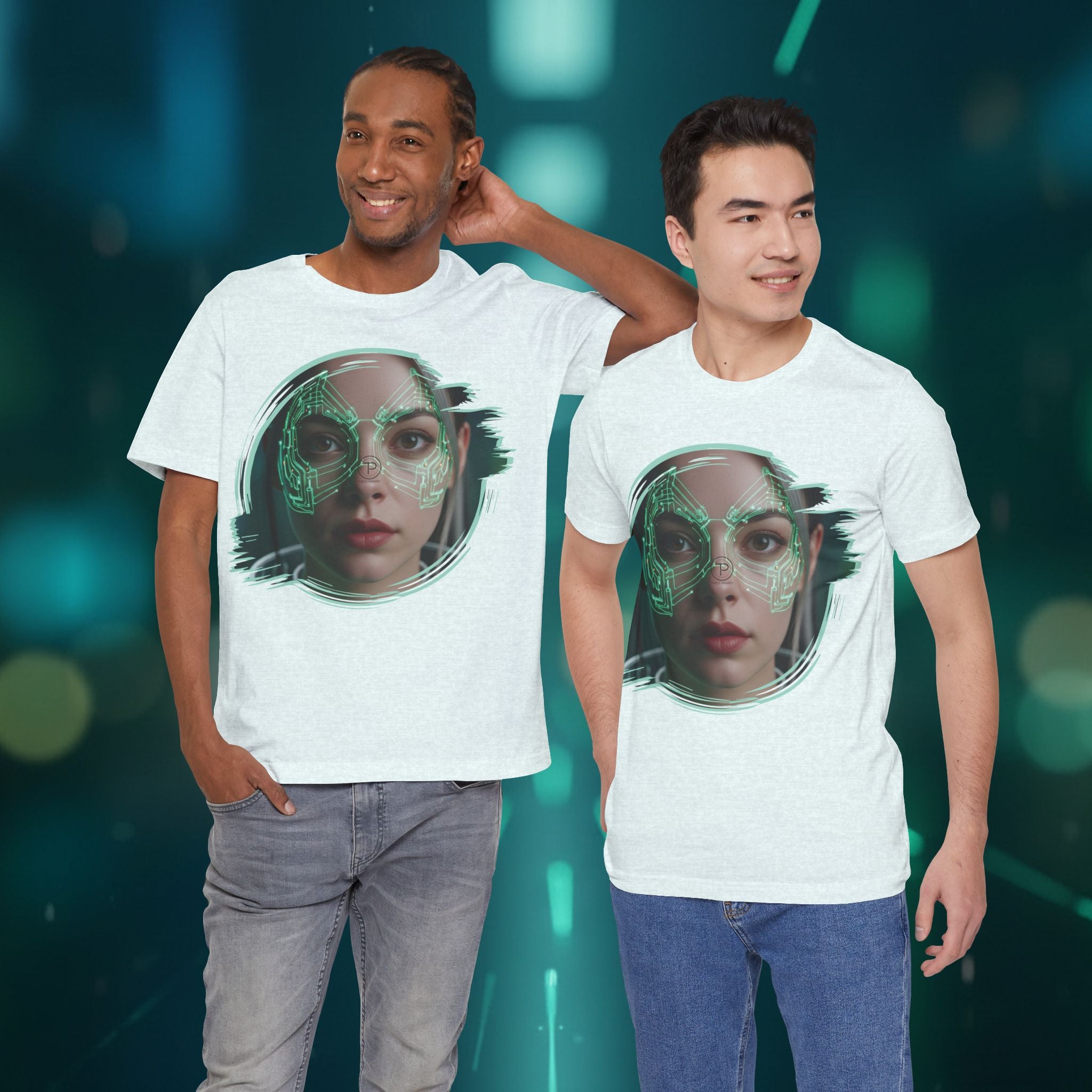 Cybernetic Portrait Tee — Futuristic Neon Circuit Face Graphic Shirt - Green Cyborg Woman