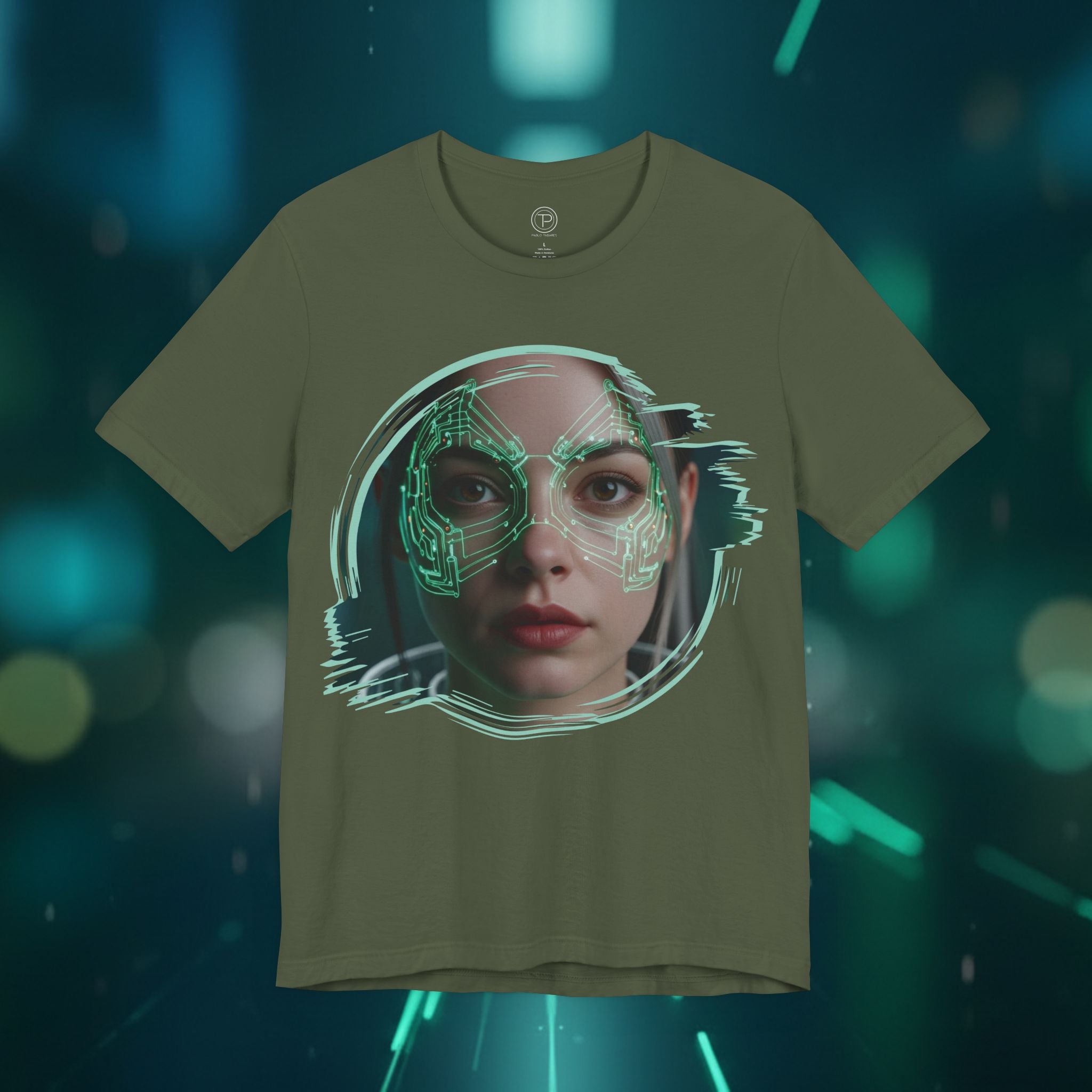 Cybernetic Portrait Tee — Futuristic Neon Circuit Face Graphic Shirt - Green Cyborg Woman