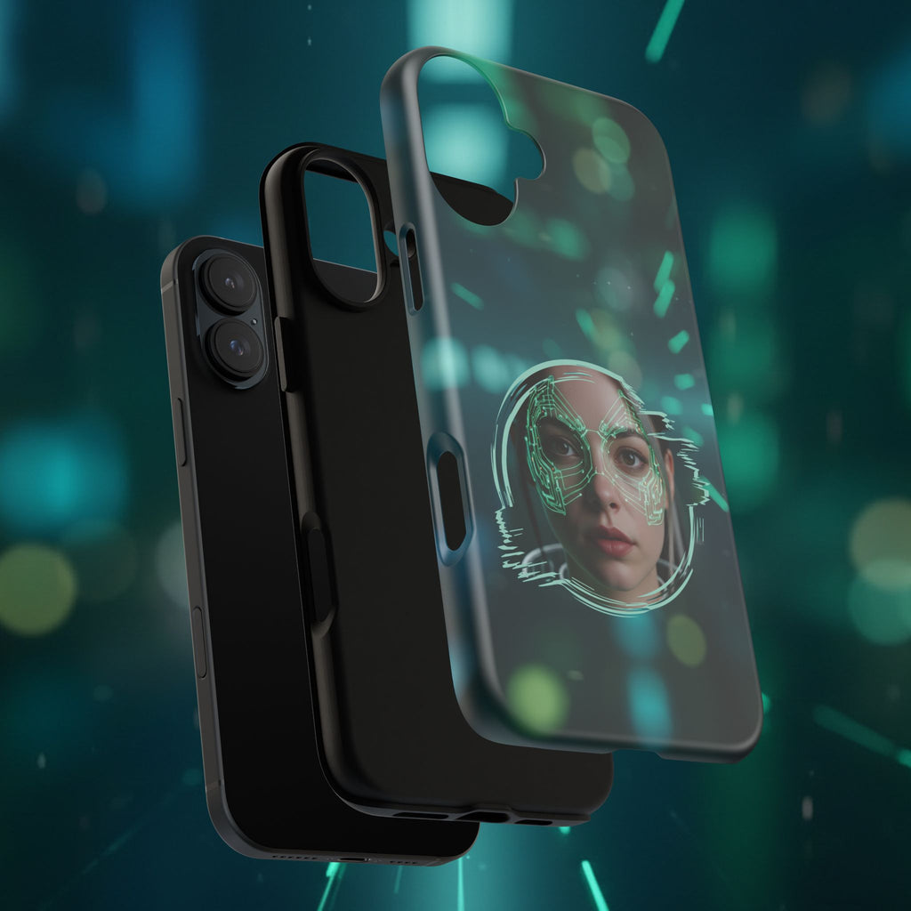 Cyberpunk Portrait Phone Case — Futuristic Neon Tech Face Design Tough Case - Green Cyborg Woman