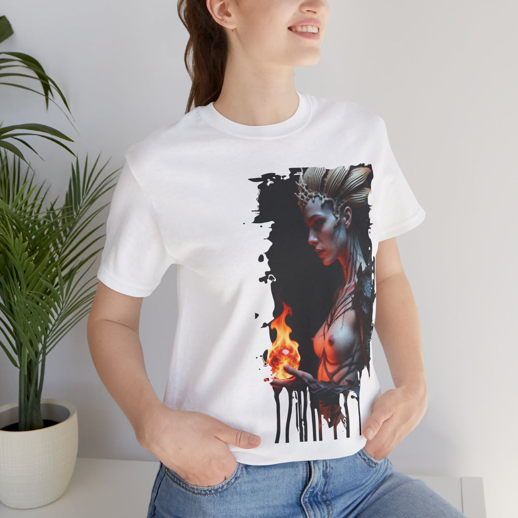 Mythic Fire Goddess T‑Shirt — Fantasy Portrait Tee with Flaming Orb - Alexia Ashford Side Face