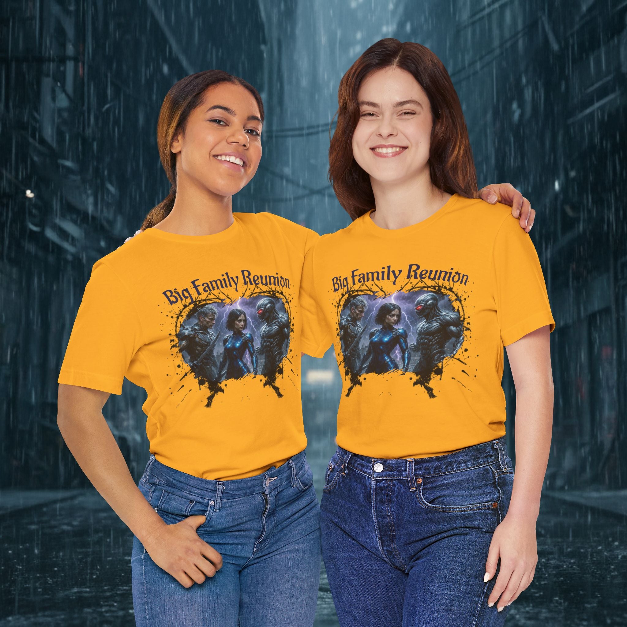 T-Shirt — "Big Family Reunion" Sci‑Fi Character Heart Graphic Tee - Battle Suits
