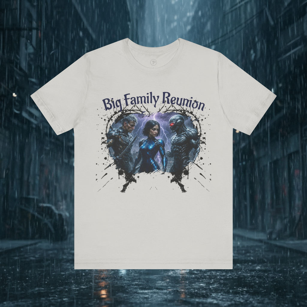 T-Shirt — "Big Family Reunion" Sci‑Fi Character Heart Graphic Tee - Battle Suits