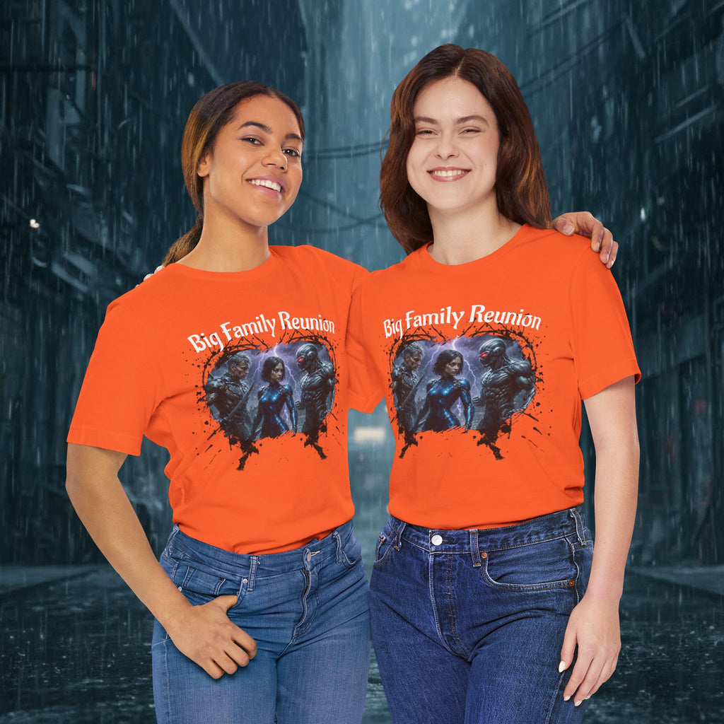 T-Shirt — "Big Family Reunion" Sci‑Fi Character Heart Graphic Tee - Battle Suits
