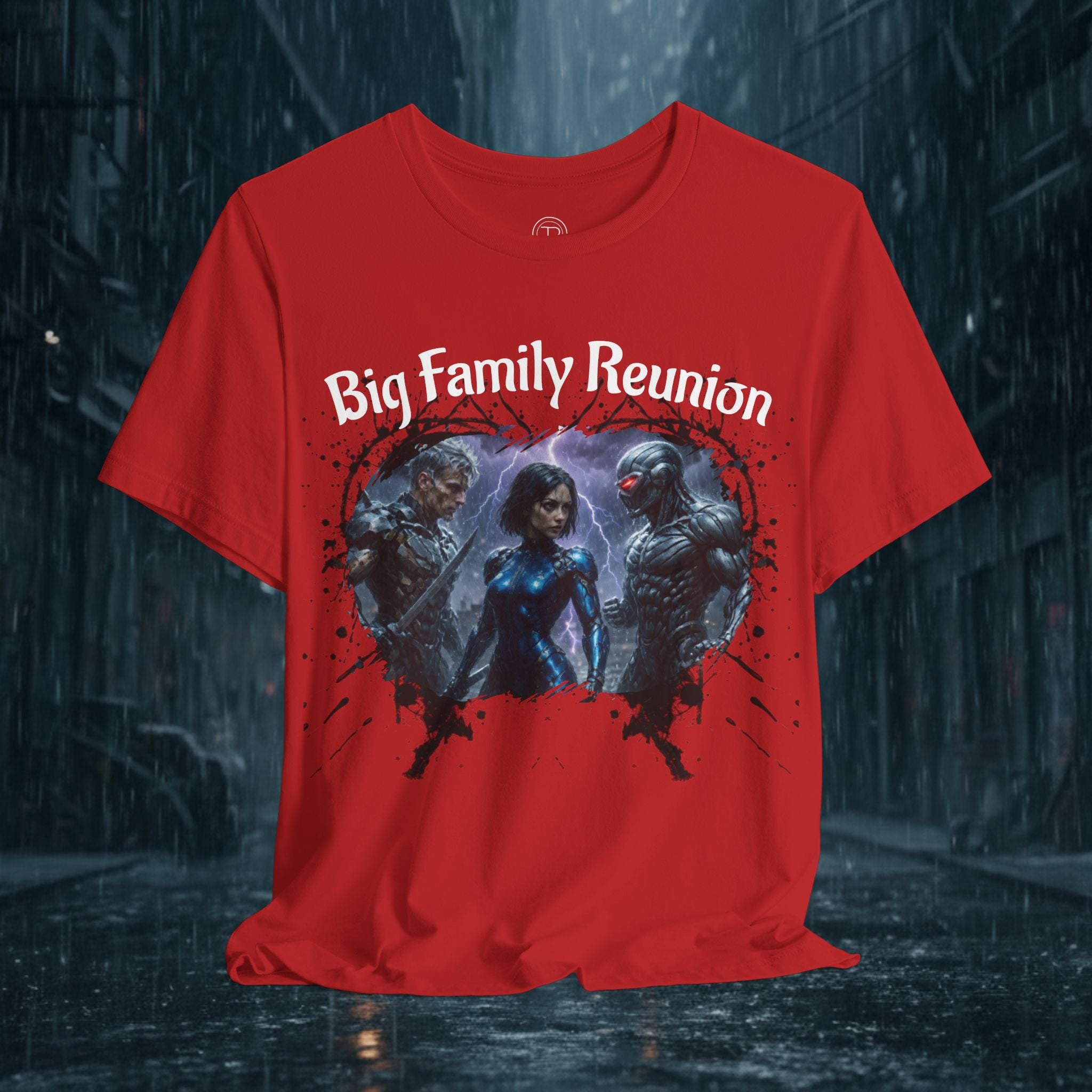 T-Shirt — "Big Family Reunion" Sci‑Fi Character Heart Graphic Tee - Battle Suits