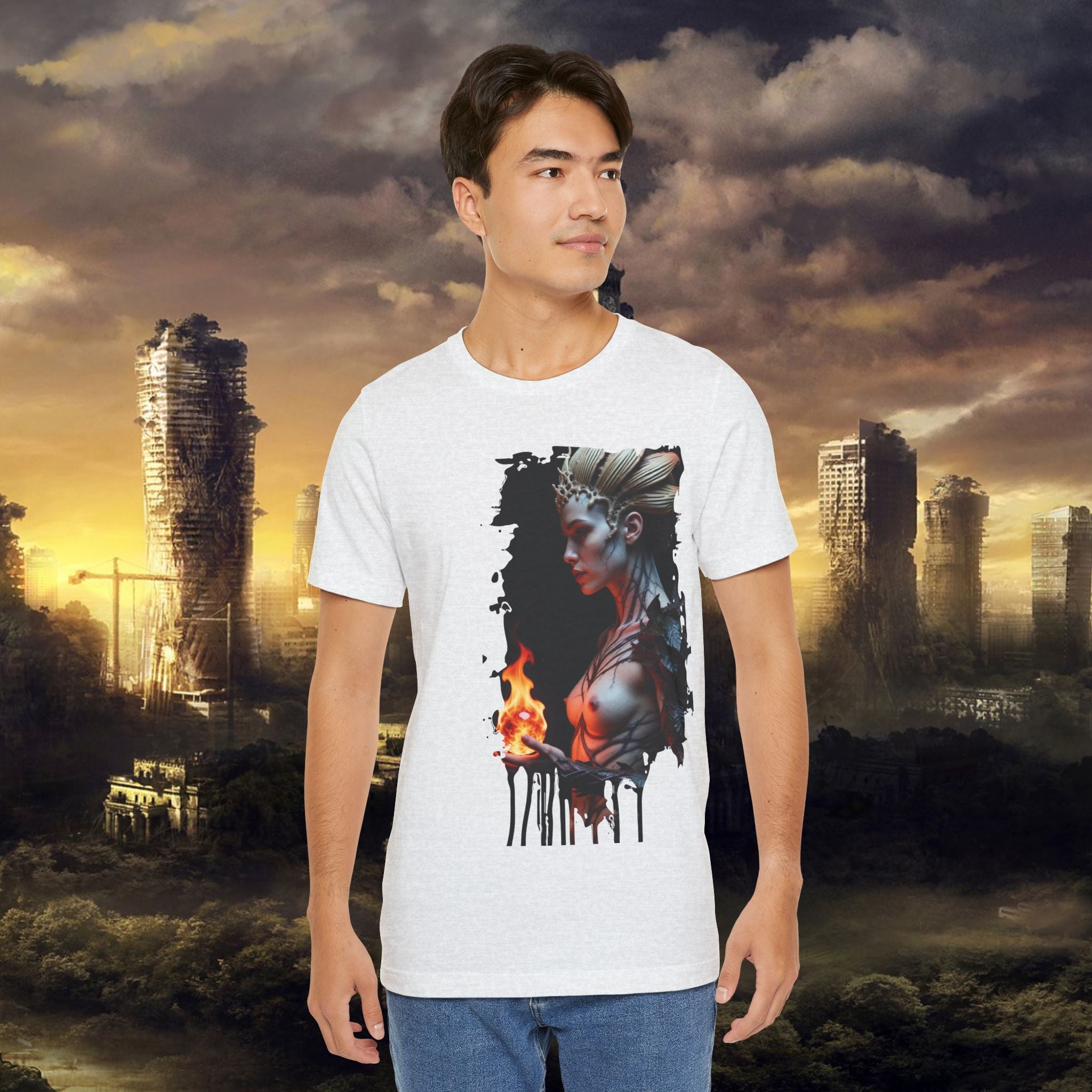 Mythic Fire Goddess T‑Shirt — Fantasy Portrait Tee with Flaming Orb - Alexia Ashford Side Face