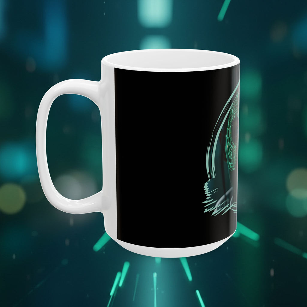 Cyberpunk Face Mask Ceramic Mug — Futuristic Portrait Coffee Cup (11oz/15oz) - Green Cyborg Woman
