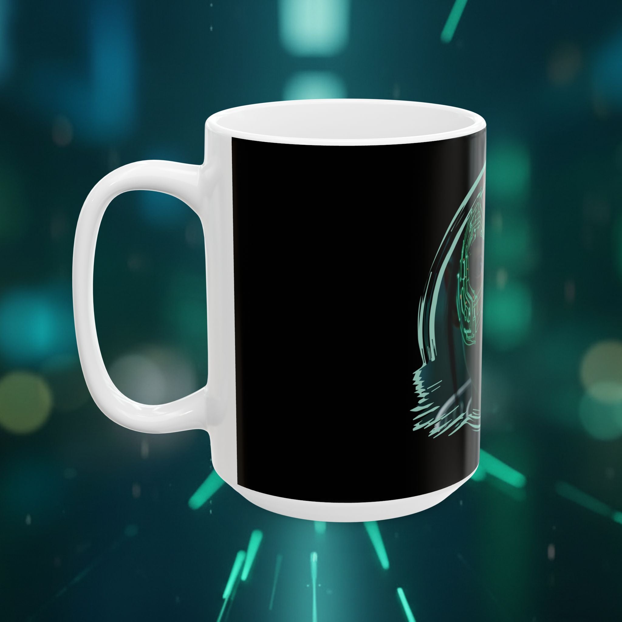 Cyberpunk Face Mask Ceramic Mug — Futuristic Portrait Coffee Cup (11oz/15oz) - Green Cyborg Woman