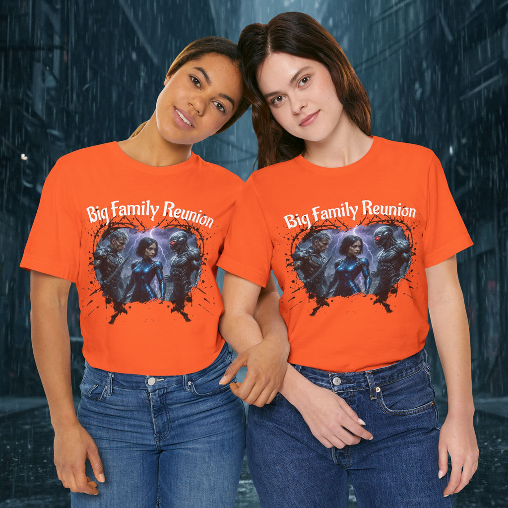 T-Shirt — "Big Family Reunion" Sci‑Fi Character Heart Graphic Tee - Battle Suits