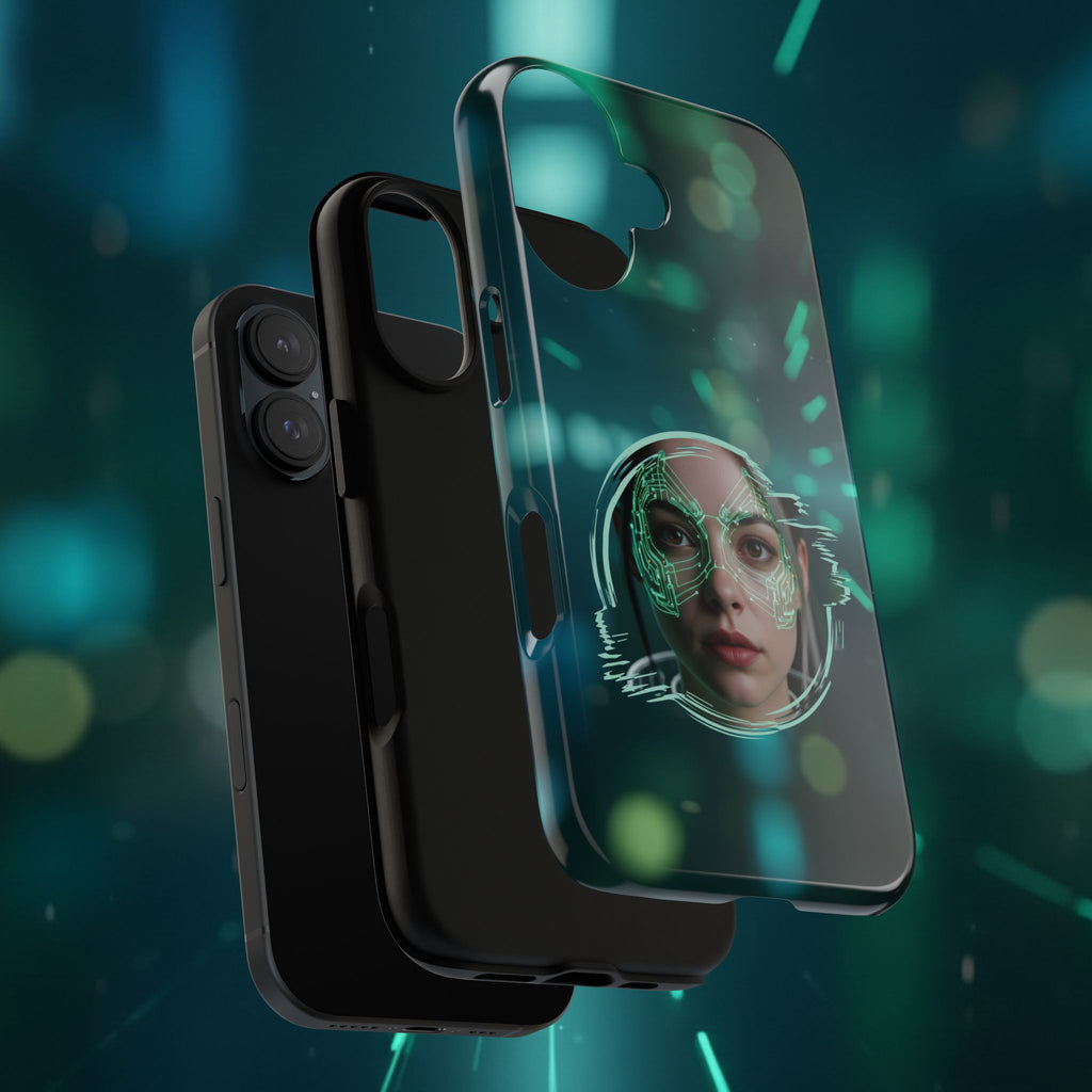 Cyberpunk Portrait Phone Case — Futuristic Neon Tech Face Design Tough Case - Green Cyborg Woman