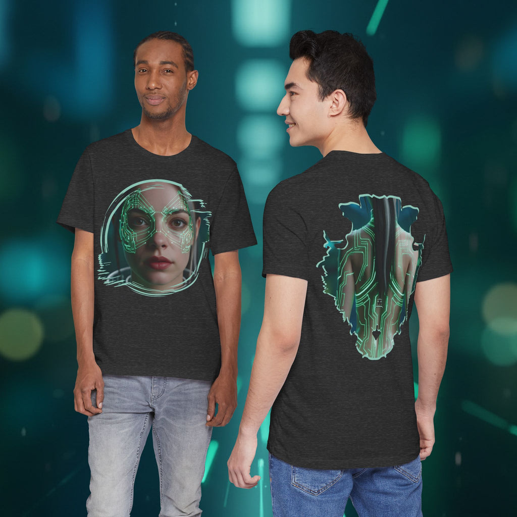 Cybernetic Portrait Tee — Futuristic Neon Circuit Face Graphic Shirt - Green Cyborg Woman