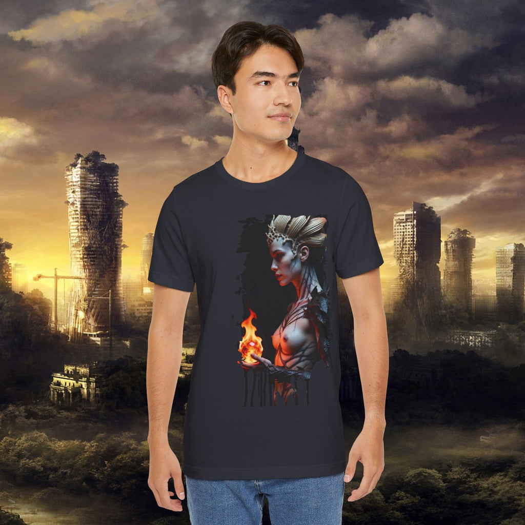 Mythic Fire Goddess T‑Shirt — Fantasy Portrait Tee with Flaming Orb - Alexia Ashford Side Face