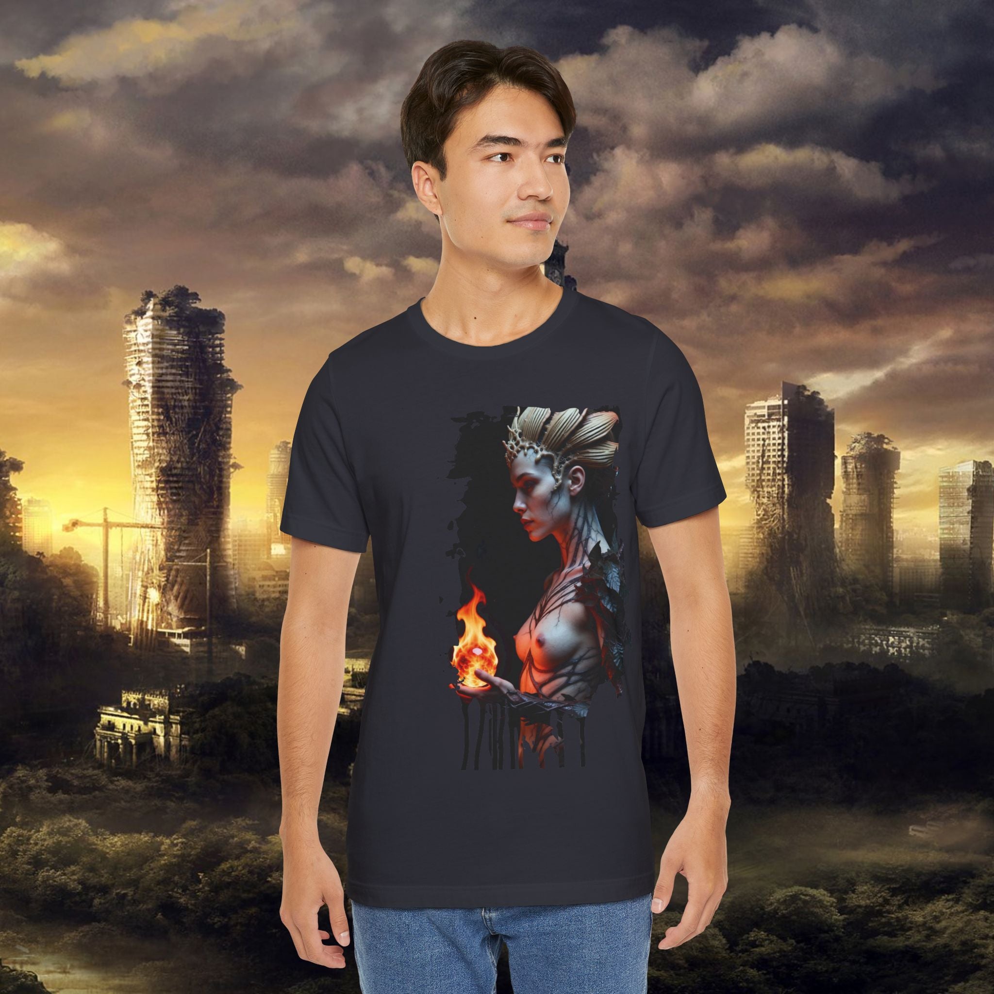 Mythic Fire Goddess T‑Shirt — Fantasy Portrait Tee with Flaming Orb - Alexia Ashford Side Face