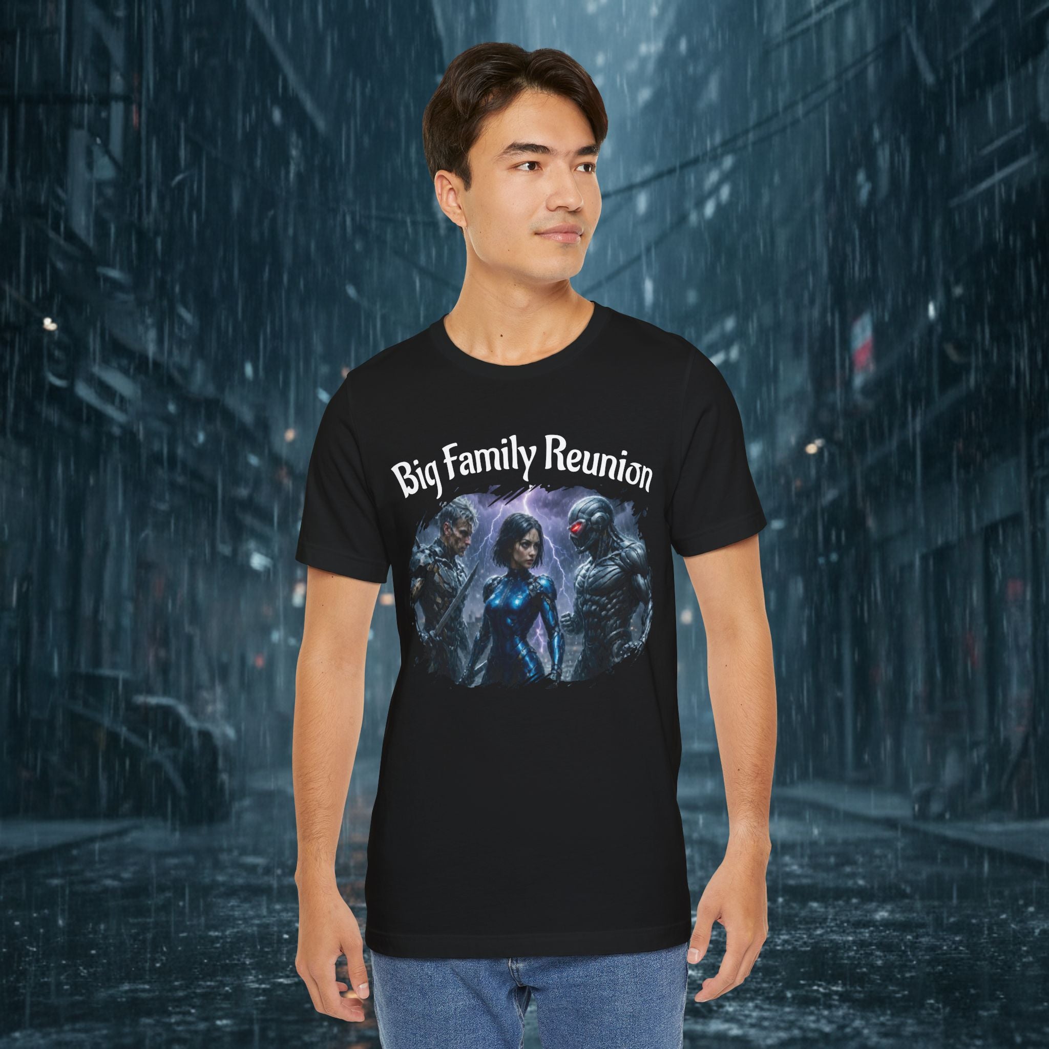 T-Shirt — "Big Family Reunion" Sci‑Fi Character Heart Graphic Tee - Battle Suits