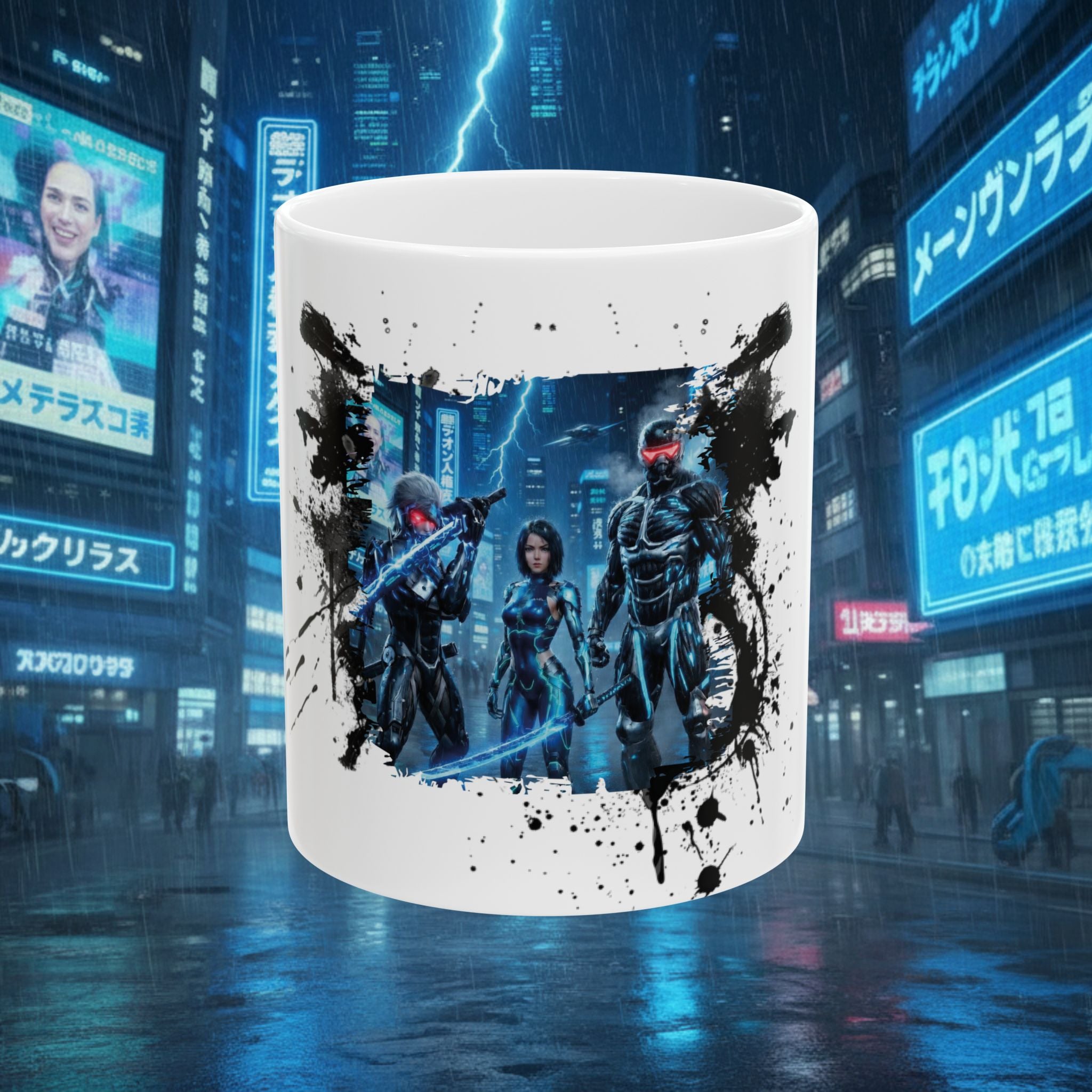 Cyberpunk Squad Ceramic Mug — Futuristic City Night Coffee Cup (11oz/15oz) - Battle Suits reunion