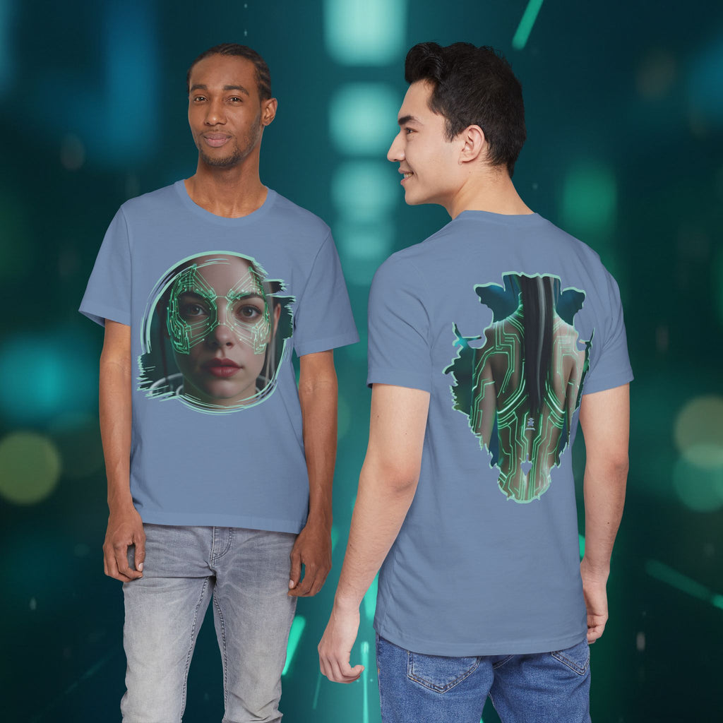 Cybernetic Portrait Tee — Futuristic Neon Circuit Face Graphic Shirt - Green Cyborg Woman