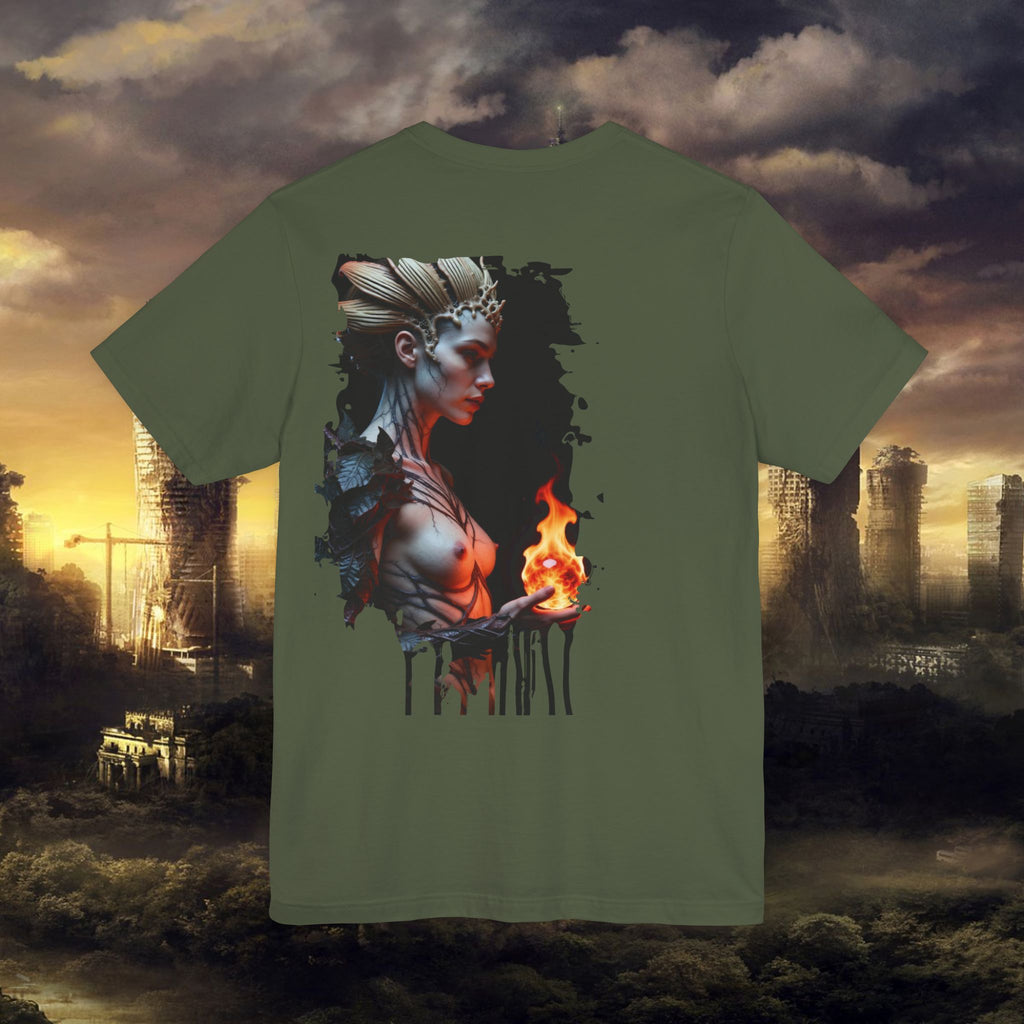 Mythic Fire Goddess T‑Shirt — Fantasy Portrait Tee with Flaming Orb - Alexia Ashford Side Face
