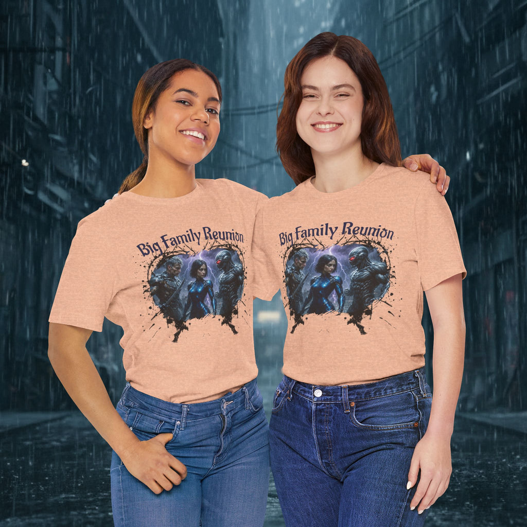 T-Shirt — "Big Family Reunion" Sci‑Fi Character Heart Graphic Tee - Battle Suits