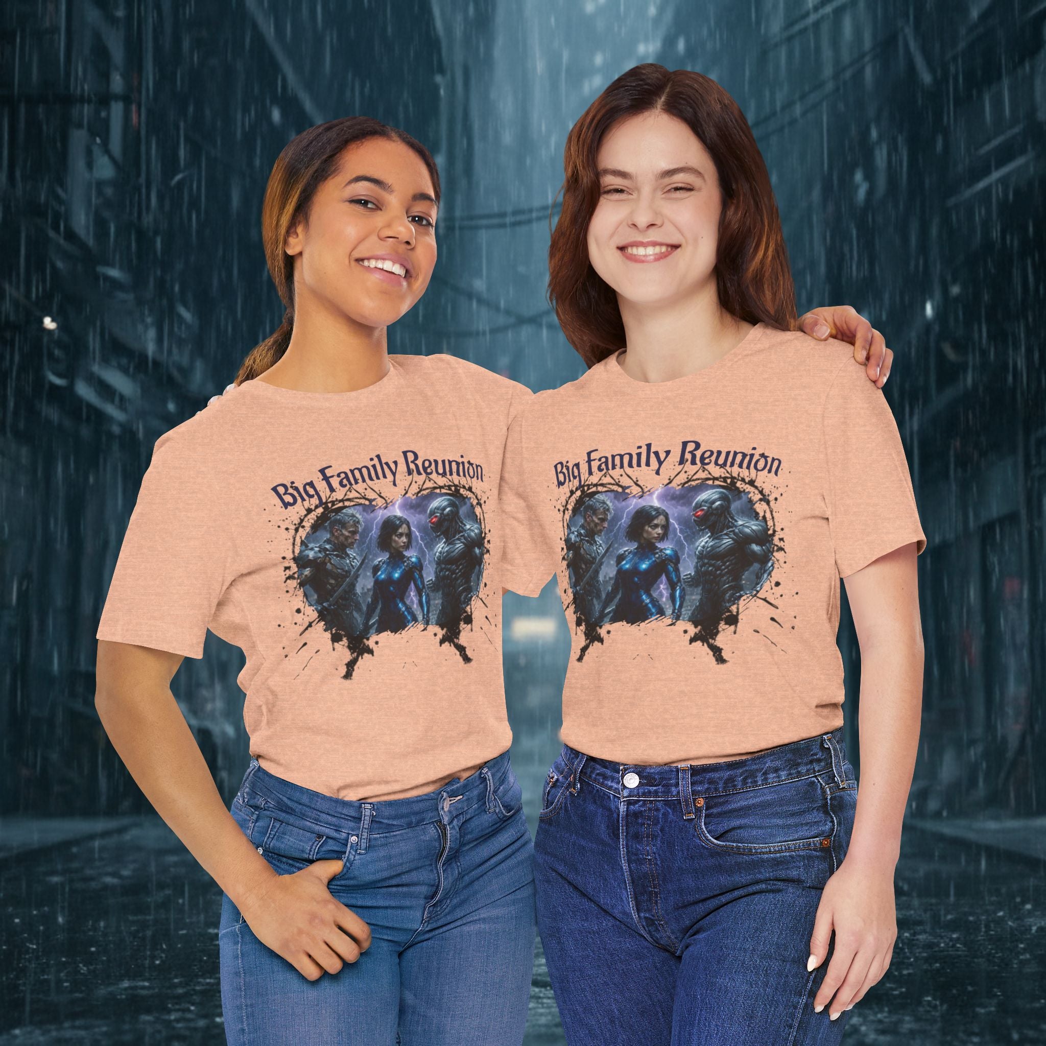 T-Shirt — "Big Family Reunion" Sci‑Fi Character Heart Graphic Tee - Battle Suits