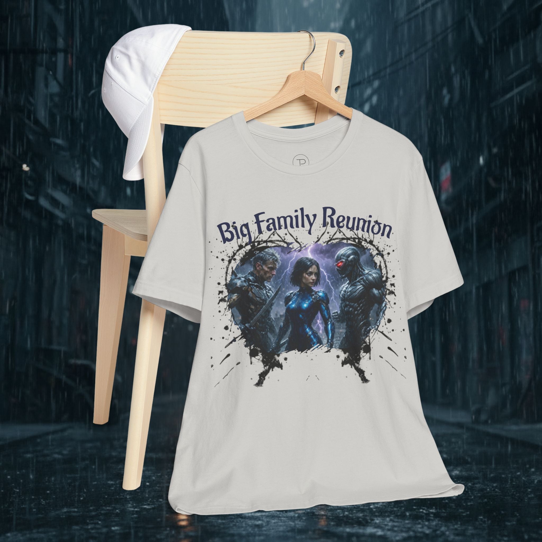 T-Shirt — "Big Family Reunion" Sci‑Fi Character Heart Graphic Tee - Battle Suits