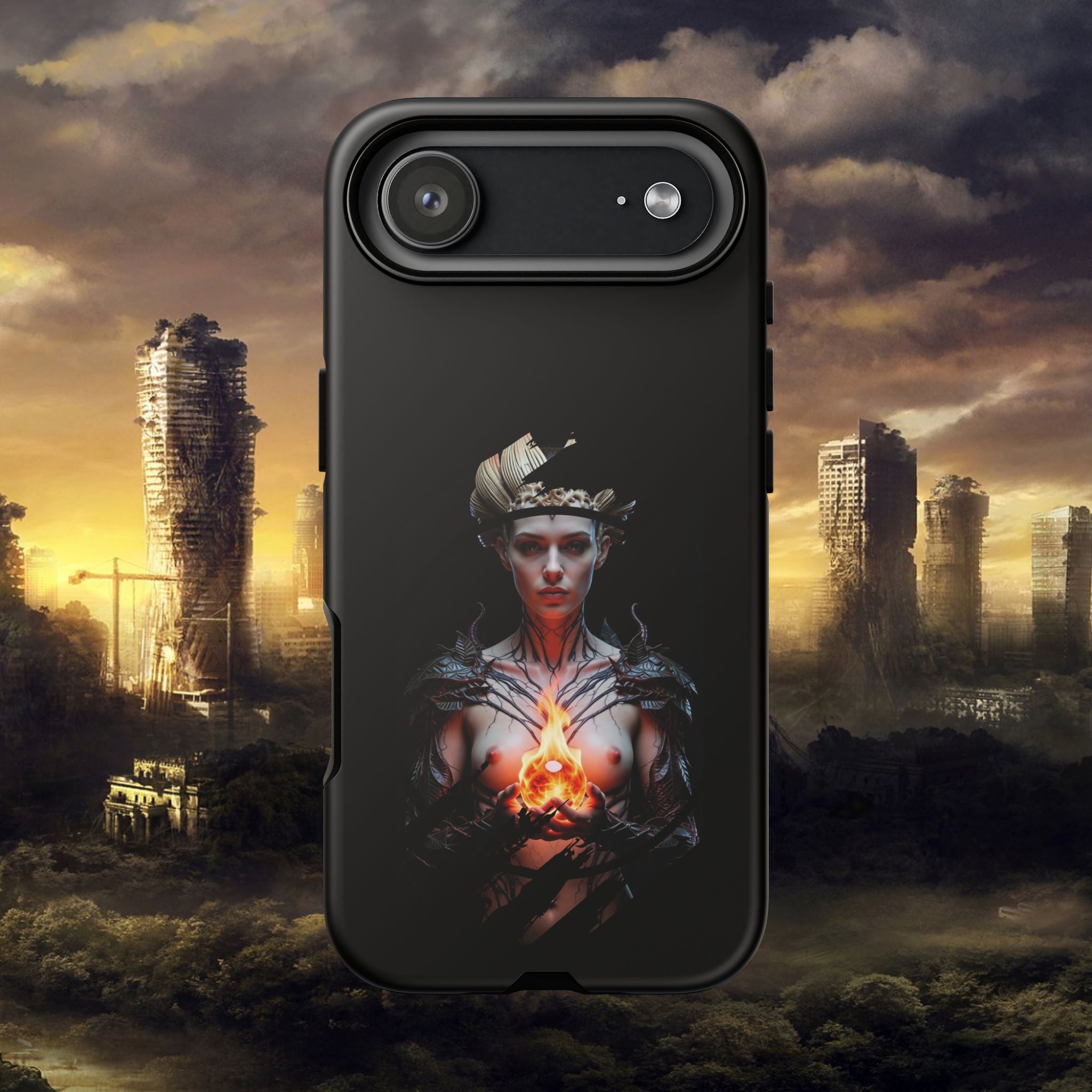 Fantasy Sorceress Phone Case — Dark Magic Mage with Fiery Orb Tough Case - Alexia Ashford
