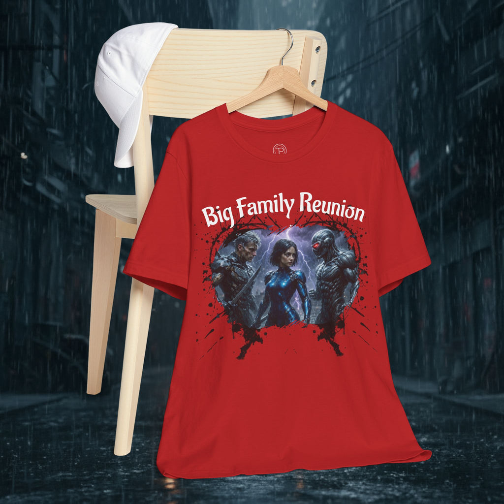 T-Shirt — "Big Family Reunion" Sci‑Fi Character Heart Graphic Tee - Battle Suits